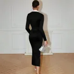 Long Sleeve Color Block Bodycon Knit Dress Slim Fit Lapel Collar Button Closure Elegant Style Pe