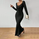 Elegant Long Sleeve Bodycon Dress with Deep U Neck and Front Tie Sexy Slim Fit Chic Style for Ev