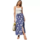 High Waisted Floral Midi Skirt Slim Fit Blue Color Comfortable Fabric Casual Wear Summer Style W