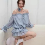 Elegant Off Shoulder Ruffle Chiffon Dress Slim Fit Long Sleeve Winter Fashion Perfect for Partie
