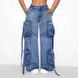 Womens Vintage Multi Pocket Stretch Casual Denim Overalls Retro Style European and American Fash