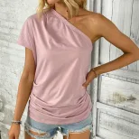 Womens Pink One Shoulder T Shirt Summer Casual Style Minimalist Design Versatile for Everyday We