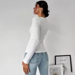 Elegant Womens T Shirt Minimalist Design Lace Hollow Out Long Sleeve Spring Summer Fashion Versa