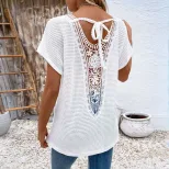 Casual Womens T Shirt V Neck Short Sleeve Hollow Out Design Summer Fashion Wholesale Available