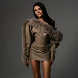 Fashionable Womens Bodycon Dress Asymmetrical Shoulder Faux Fur Collar Leather Patchwork Autumn
