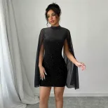 High Neck Bodycon Dress Black Short Sleeve Sequin and Mesh Paneling Evening Wear or Party Dress
