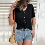 Casual Womens Short Sleeve Top Solid Color European Style Lightweight Fabric Summer Wear Wholesa