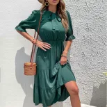 Elegant Vintage Short Sleeve Dress with Bow Detail in Dark Green and Red for Summer Wholesale ready to ship