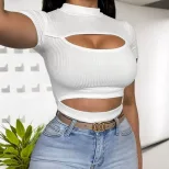 Womens Short Sleeve Knit T Shirt Half Turtleneck Slim Fit Hollow Out Design Summer Casual Wear Wholesale Availab