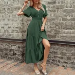 Elegant Summer V Neck Ruffled Hem Dress Slim Fit Solid Color Versatile Style Perfect for Casual