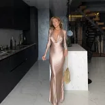 Elegant Solid Color Long Sleeve V Neck Satin Evening Dress Autumn Fashion Perfect for Formal Eve