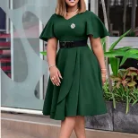 Womens A Line Dress Solid Color V Neck Ruffle Sleeves High Waist Flowy Design Casual or Formal W
