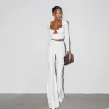 Fashion Womens Suit Set Elegant Solid Color Slim Fit Long Sleeve Top and Trousers Perfect for Ca