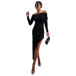 Off Shoulder Midi Dress Elegant Slim Fit Autumn Winter Fashionable Style Wholesale Available