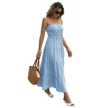 Blue Strapless Maxi Cake Dress Fresh Vacation Style Perfect for Summer Events Wholesale Availabl