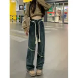 毛边做旧复古牛仔裤女2023春季新款小个子宽松高腰直筒阔腿拖地裤