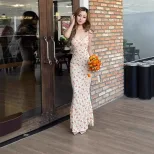 Retro Square Neck Rose Backless Dress Sweet and Spicy Style Autumn Collection Wholesale Availabl