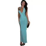 Summer Womens Dress Solid Color Pleated Sexy Deep V Neck Halter Backless Bodycon Style Perfect f