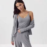 Womens Soft Modal 3 Piece Set Casual Cardigan Tapered Pants and Cami Top Autumn Winter Fashion W