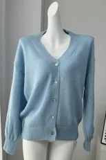 Soft Mohair V Neck Cardigan Hollow Out Design Lantern Sleeves Chic Style Perfect for Autumn Whol