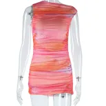 Fashionable Womens Floral Print Dress Sexy Round Neck Sleeveless Short Skirt Mesh Fabric Casual