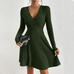Womens Long Sleeve V Neck Dress Slim Fit Soft Corduroy Fabric Elegant Design Perfect for Parties