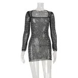 Elegant Square Neck Long Sleeve Dress with Rhinestones High Waist Chic Style Perfect for Parties
