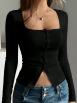 Long Sleeve Knit Sweater Square Neck Button Detail Comfortable Fabric Autumn and Winter Fashion