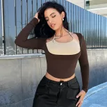 Color Block Hollow Out Halter Long Sleeve Top Slim Fit High Waist Stylish Design Perfect for Cas