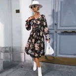 Printed Long Sleeve Dress Pleated Design Mid Length Fashionable for Women Perfect for Casual or