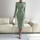 Womens Long Sleeve Bodycon Midi Dress Round Neck Slim Fit Elegant Style Perfect for Parties and