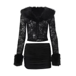 Lace Plush Long Sleeve Top and Sexy Mini Skirt Set Fashionable Street Style Autumn Winter Wholes