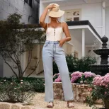 Casual Straight Leg Denim Jeans High Split Design European and American Style Comfortable Fit Wh