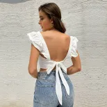 Womens Ruffled Sleeve Backless T Shirt Sweet and Fresh Design Square Neck Sleeveless Casual Wear