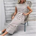 Elegant Striped Maxi Dress Waist Tie Short Sleeve Round Neck Summer Fashion for Women Wholesale