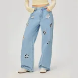 Loose Fit Wide Leg Jeans Floral Hollow Design Casual Style Womens Fashion for Spring Summer Whol