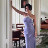 Off Shoulder Satin Midi Dress Slim Fit Spliced Design Elegant Backless Autumn Fashion for Women