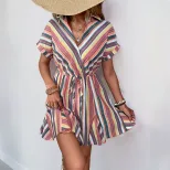 Casual Beach Vacation Dress Colorful Striped Design Shirt Collar Lightweight Fabric Summer Wear Wholesale Availa