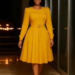 A Line Dress Long Sleeve High Waist Round Neck Solid Color Elegant Party Wear Wholesale Availabl