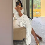 Womens Elegant Solid Color Dress Off Shoulder Split Hem Flowing Ribbons Casual or Party Wear Who