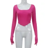 Fashionable Womens Top Sexy U Neck Long Sleeve Slim Fit Corset Style Trendy Short Length with Gl