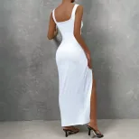 Sleeveless Midi Dress Simple Solid Color Hollow Out Design Slim Fit Spring Summer Fashion Wholes