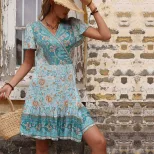 Bohemian Floral Geometric Print Maxi Dress Summer Style Tie Waist Comfortable Fabric Perfect for