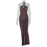 European Style Womens Sleeveless Long Dress Bodycon Fit Ruched Backless Solid Color Halter Neck