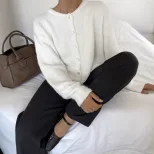 Womens Vintage Grey Wool Cardigan Soft Knit Versatile Button Closure Casual Wear Fall Winter Who