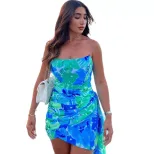 Off Shoulder Ruched Bodycon Dress Floral Print Color Block Vacation Style Wholesale Womens Fashi