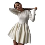 Knit Dress Round Neck Waist Defined Pleated Design Casual Chic for Everyday Wear Wholesale Avail
