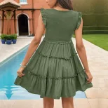 Summer Womens Dress Solid Color Ruffle Hem Casual Vacation Style Available in Green Wholesale Sizes S to XL