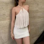 Spring Womens Dress Fashionable Sexy Halter Neck Sheer Mesh Bodycon Ruched Design Evening Wear W