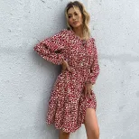 Burgundy Floral Print Long Sleeve Dress for Women Round Neck A Line Silhouette Casual Wear